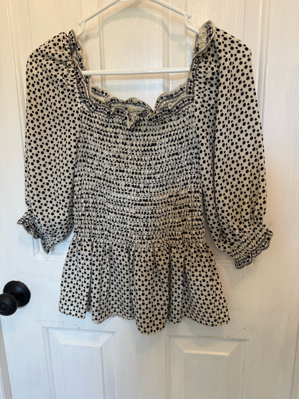 Max Studio Black Polka Dot Smocked Peasant Blouse
